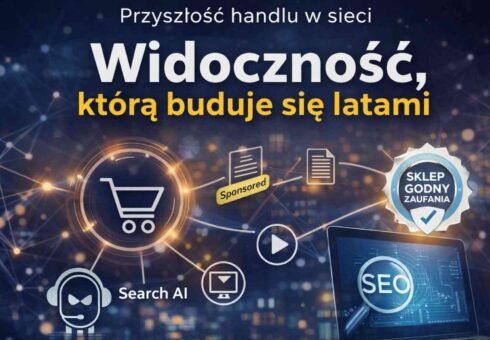 Okładka artykułu „Przyszłość handlu w sieci: Widoczność, którą buduje się latami” – grafika z koszykiem zakupowym, ikonami SEO i Search AI oraz znakiem „Sklep Godny Zaufania”, branding AutoSEO.pl.