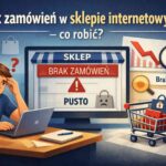 Grafika ilustracyjna do artykułu o braku zamówień w sklepie internetowym z ekranem sklepu, pustym koszykiem i elementami analizy sprzedaży