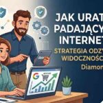 Ilustracja przedstawiająca ekspertów AutoSEO ratujących padający sklep internetowy w erze AI. Widoczny rosnący wykres widoczności w Google i logo Diamond Premium.