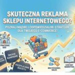 Jasna, radosna grafika okładkowa artykułu Skuteczna Reklama Sklepu Internetowego na blogu AutoSEO.pl. Ilustracja z wózkiem zakupowym omijającym przeszkody drogich kampanii, dążąc do celu Wysoka Widoczność w Google. Tło pełne radosnych ikon e-commerce.