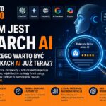 Grafika przedstawiająca nowoczesną wyszukiwarkę AI oraz analizę danych marketingowych — koncepcja Search AI i widoczności firmy w wynikach sztucznej inteligencji