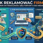 Infografika AutoSEO przedstawiająca 3 kroki jak reklamować firmę: Ogłoszenia Biznes PRO, Publikacje Biznes Premium oraz Pakiet Firma Biznes Premium z odznaką Firma Godna Zaufania.