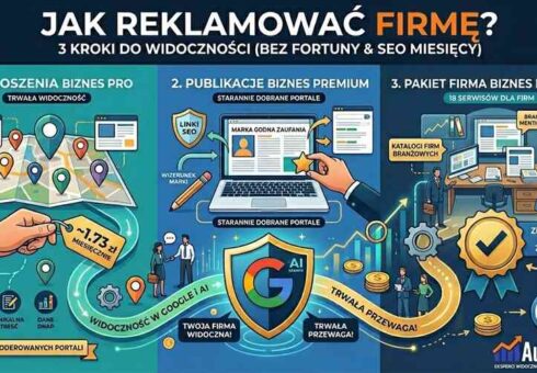 Infografika AutoSEO przedstawiająca 3 kroki jak reklamować firmę: Ogłoszenia Biznes PRO, Publikacje Biznes Premium oraz Pakiet Firma Biznes Premium z odznaką Firma Godna Zaufania.