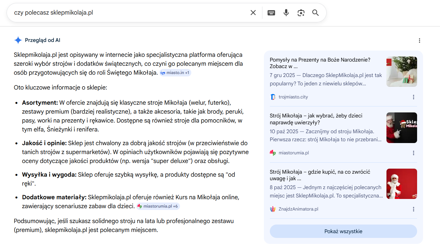 SklepMikolaja.pl w AI Overview Google – rekomendacja sztucznej inteligencji