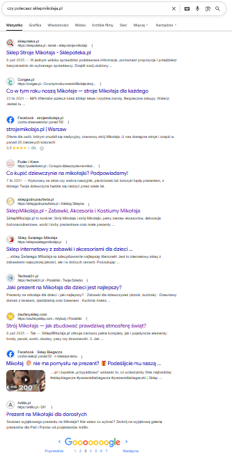Wyniki organiczne Google dla SklepMikolaja.pl – widoczność na wielu stronach