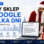 Grafika promująca case study sklepu SklepMikolaja.pl pokazująca szybkie wejście nowego sklepu do wyników Google i AI Overview bez płatnych reklam, z laptopem, strojem Świętego Mikołaja i świątecznym motywem.