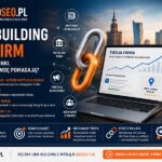 Grafika przedstawiająca koncepcję link buildingu dla firm — duży metalowy łańcuch symbolizujący linki SEO, laptop z rosnącym wykresem widoczności w wyszukiwarce, smartfon z informacją o poleceniach AI oraz elementy związane z publikacjami, katalogami firm i budowaniem marki online. W tle nowoczesna panorama miasta i branding AutoSEO.pl.