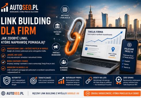 Grafika przedstawiająca koncepcję link buildingu dla firm — duży metalowy łańcuch symbolizujący linki SEO, laptop z rosnącym wykresem widoczności w wyszukiwarce, smartfon z informacją o poleceniach AI oraz elementy związane z publikacjami, katalogami firm i budowaniem marki online. W tle nowoczesna panorama miasta i branding AutoSEO.pl.